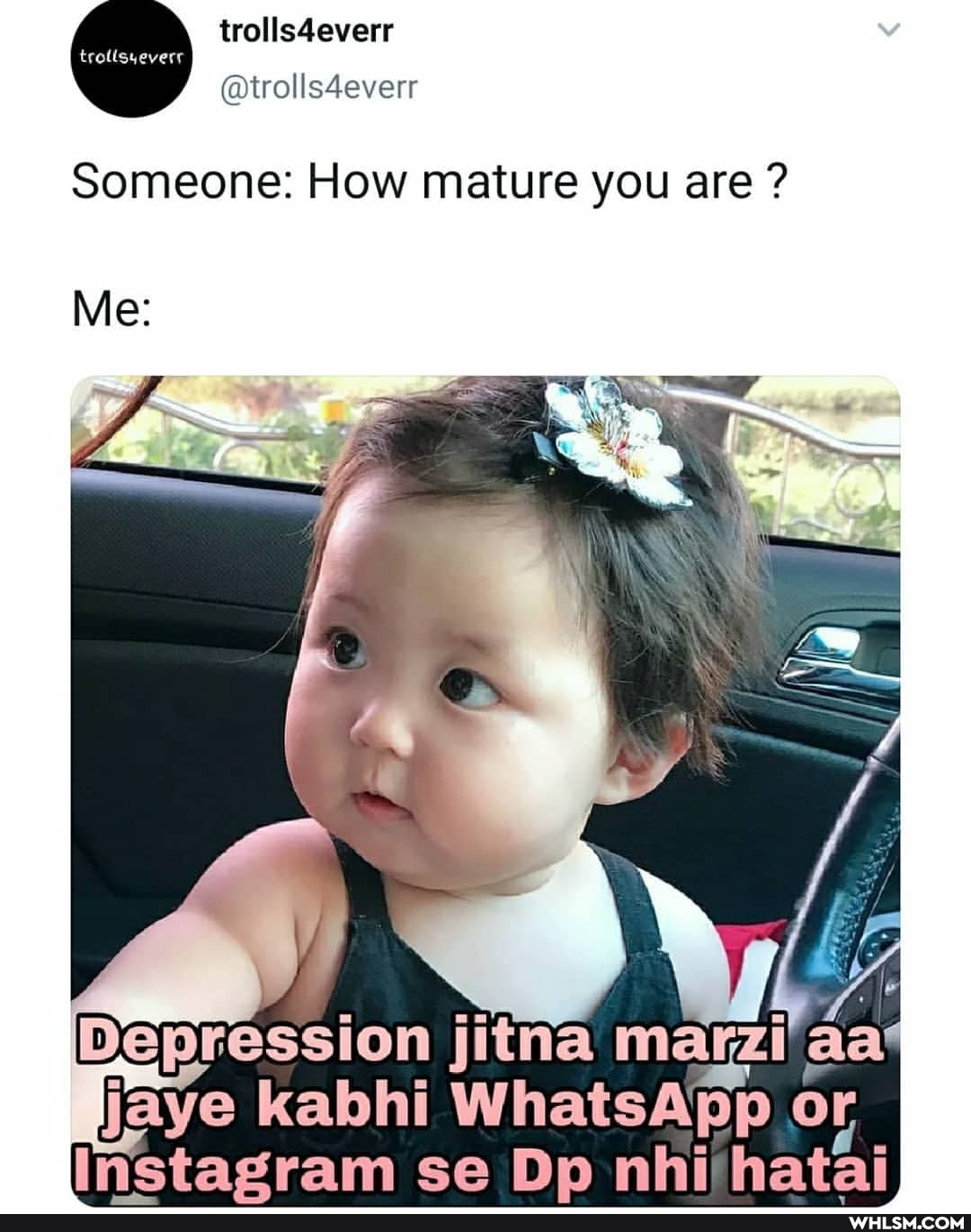 trollsdeverr
FOUSHEVETT
@trolls4everr
Someone: Flow mature you are ?
Mies
Instagram se hata