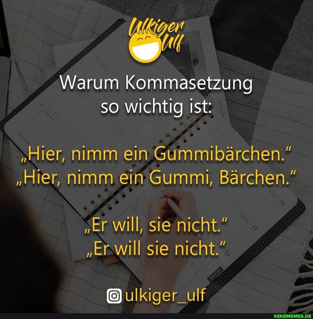 Warum Kommasetzung so wichtig ist:
"Hier, nimm ein Gummibärchen."
"Hier, nimm ein Gummi, Bärchen."
"Er will, sie nicht."
"er will sie nicht."
ulkiger_ulf