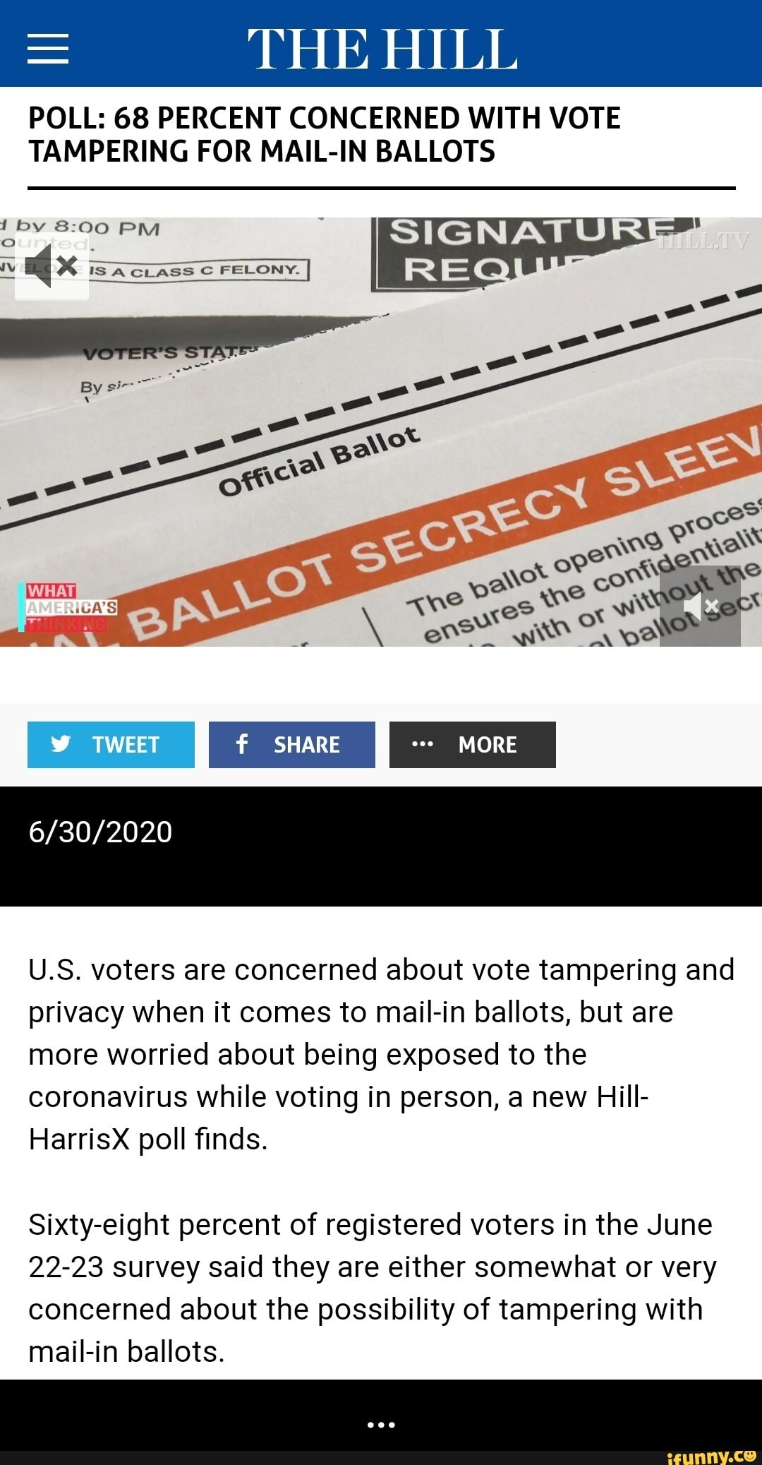 THE HILL POLL: 68 PERCENT CONCERNED WITH VOTE TAMPERING FOR MAIL-IN ...