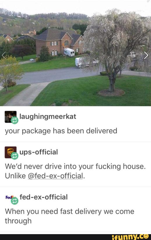 & Iaughingmeerkat
your package has been delivered
We'd never drive into your fucking house.
Unlike @fed-ex-official.
”9 fed -ex-officiaI
When you need fast delivery we come
through