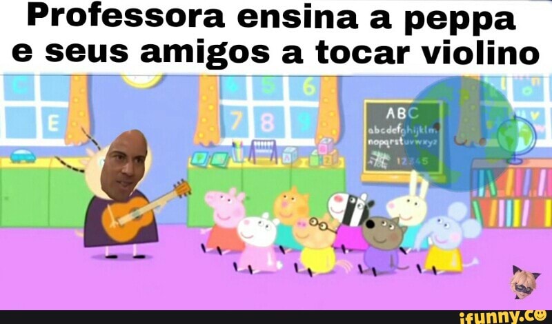 Professora ensina a peppa
e seus amigos a tocar violino