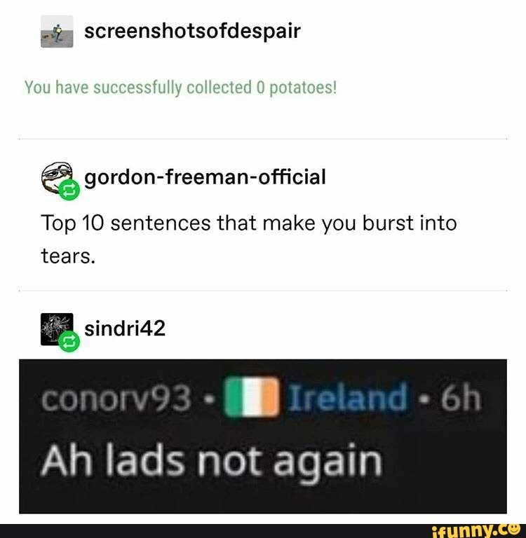 gig Screenshotsofdespair
have
a gordon-freeman-official
Top 10 sentences that make you burst into
tears.
Ah lads not again