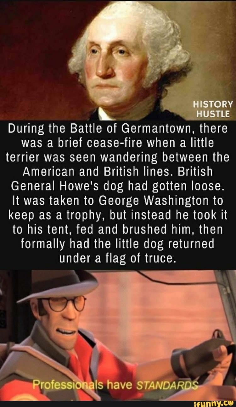 During the Battle of Germantown, there
was a brief cease-fire when a little
terrier was seen wandering between the
American and British lines. British
General Howe's dog had gotten loose.
It was taken to George Washington to
keep as a trophy, but instead he took it
to his tent, fed and brushed him, then
formally had the little dog returned
under a flag of truce.