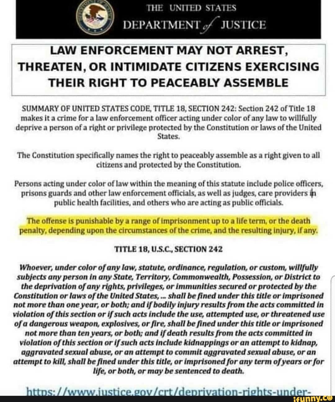 DEPARTMENT JUSTICE LAW ENFORCEMENT MAY NOT ARREST, THREATEN, OR ...