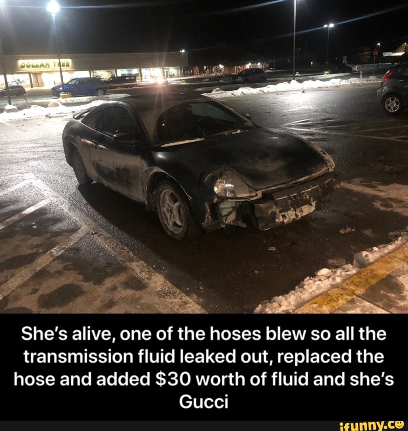y
She's alive, one of the hoses blew so all the
transmission fluid leaked out, replaced the
hose and added $30 worth of fluid and she's
Gucci - She’s alive, one of the hoses blew so all the transmission fluid leaked out, replaced the hose and added $30 worth of fluid and she’s Gucci