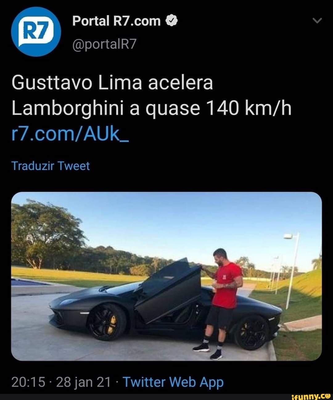 Portal
Gusttavo Lima acelera
Lamborghini a quase 140
Traduzir Tweet
- 28 jan 21 - Twiiter Web App