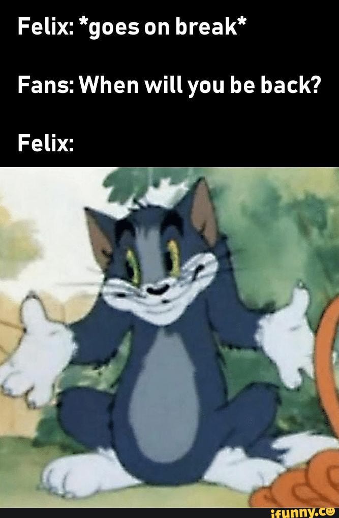 Felix: *goes on break*
Fans: When will you be back?
Felix: