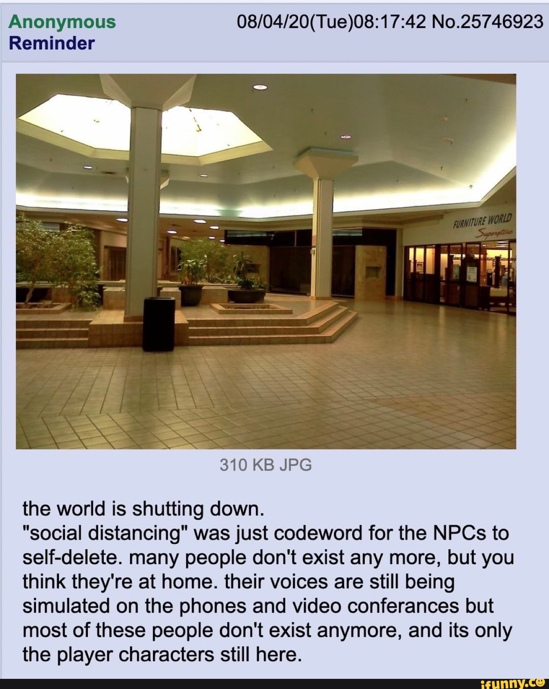 Anonymous No.25746923
Reminder
310 KB JPG
the world is shutting down.
"social distancing" was just codeword for the NPCs to self-delete. many people don't exist any more, but you think they're at home. their voices are still being simulated on the phones and video conferances but most of these people don't exist anymore, and its only the player characters still here.