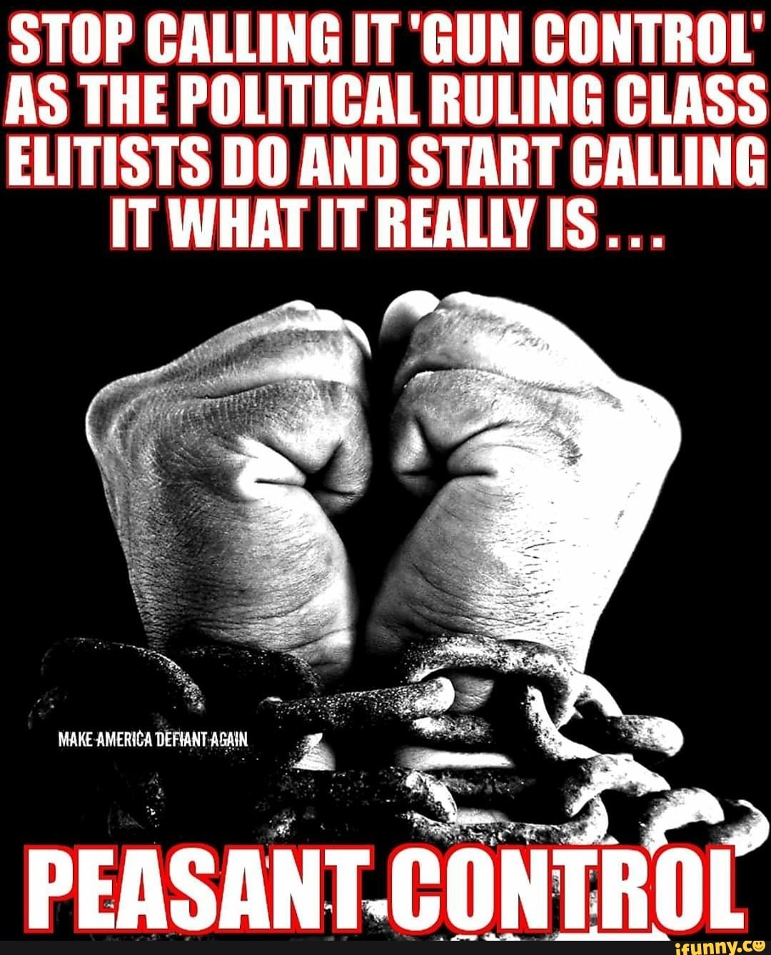 STOP CALLING IT 'GUN CONTROL'
AS THE POLITICAL RULING CLASS
ELITISTS DO AND START CALLING
IT WHAT IT REALLY IS...
PEASANT.C NTROL