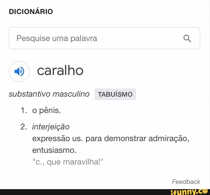 DICIONÁRIO
Pesquise uma palavra Q
4) caralho
substantivo masculino TABUISMO
2. interjeição
expressão us. para demonstrar admiração,
entusiasmo.