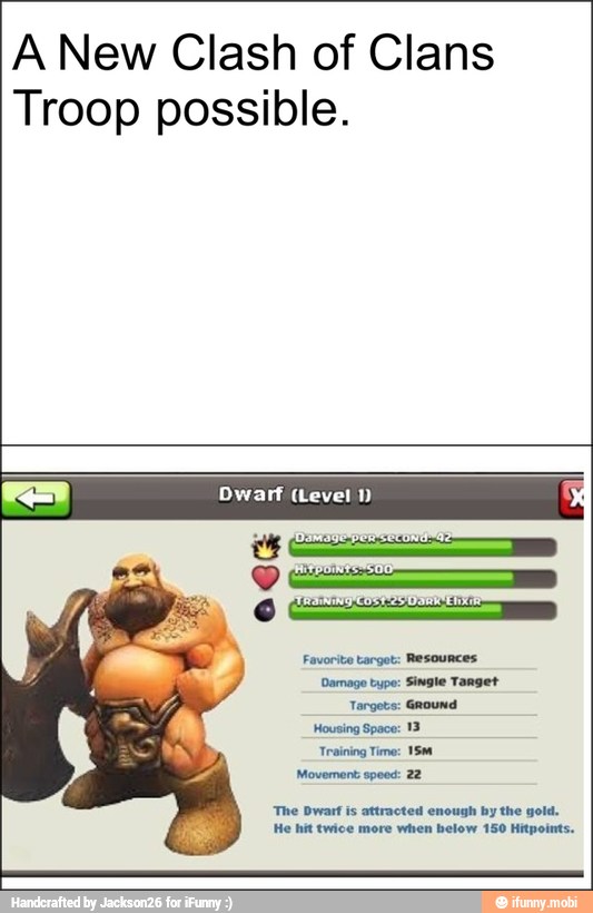 A New Clash of Clans
Troop possible.
Dwarf (Level 1) all
Damage type: Single Target
Targets:
y Training
A
Movement speed: 22