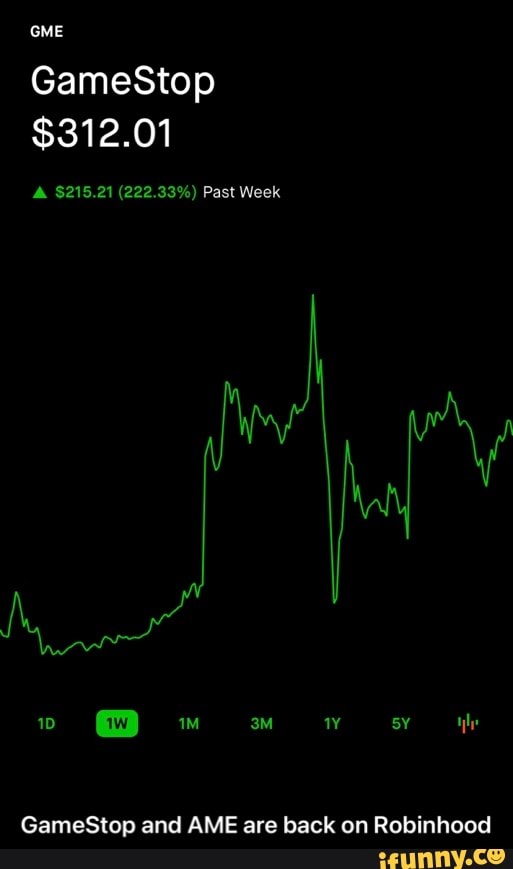 GME
GameStop
$312.01
$215.21 (222.33%) Past Week
GameStop and AME are back on Robinhood - GameStop and AME are back on Robinhood