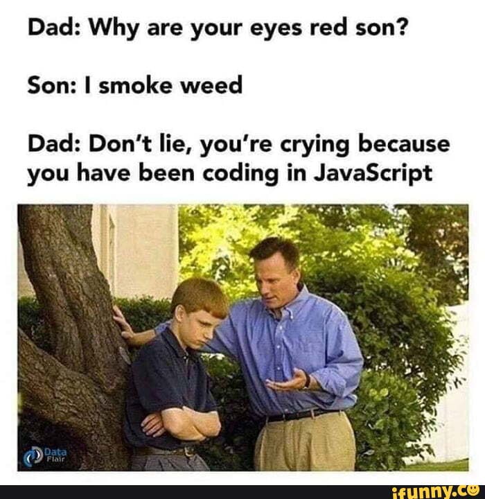 Dad: Why are your eyes red son?
Son: I smoke weed
Dad: Don't lie, you're crying because
you have been coding in JavaScript