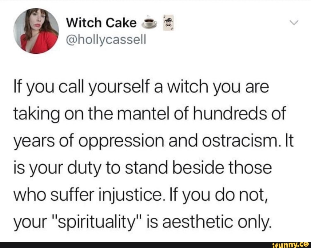 If you call yourself a witch you are
taking on the mantel of hundreds of
years of oppression and ostracism. It
is your duty to stand beside those
who suffer injustice. If you do not,
your "spirituality" is aesthetic only.