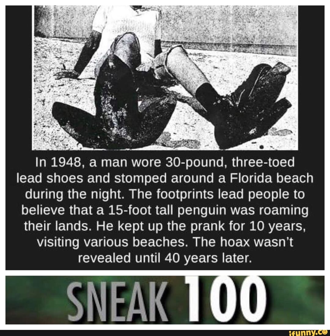 In 1948. a man wore 30-pound. three-toed
lead shoes and stomped around a Florida beach
during the night. The footprints lead people to
believe that a 15-foot tall penguin was roaming
their lands. He kept up the prank for 10 years.
visiting various beaches. The hoax wasn't
revealed until 40 years later.