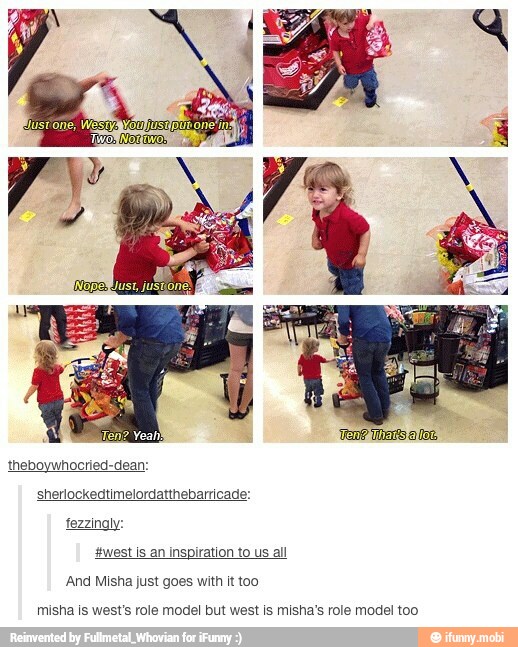 theboywhocried-dean:
sherlockedtimelordatthebarricade:
fezzinaly:
#west Is an inspiration to us all
And Misha just goes with it too
misha is west's role model but west is misha's role model too