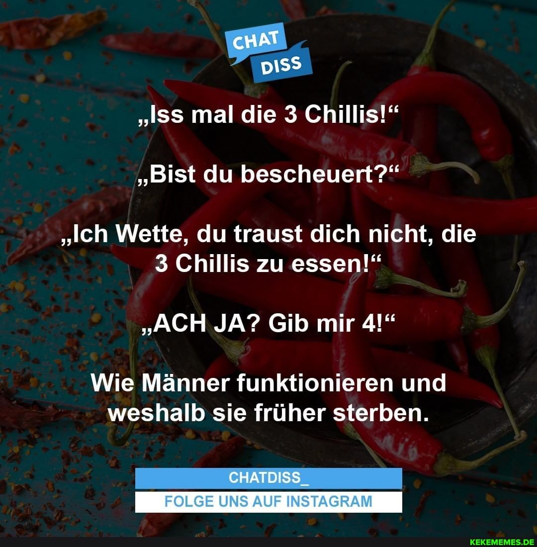 cHAT ER,
"Iss mal die 3 Chillis!"
"Bist du bescheuert?"
"Ich Wette, du traust dich nicht, die
3 Chillis zu essen!"
"ACH JA? Gib mir 4!"
Wie Männer funktionieren und weshalb sie früher sterben.
CHATDISS_
FOLGE UNS AUF INSTAGRAM