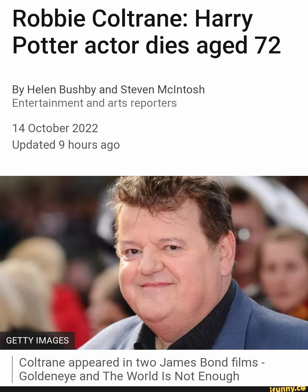 Robbie Coltrane Harry Potter actor dies aged 72 By Helen Bushy and