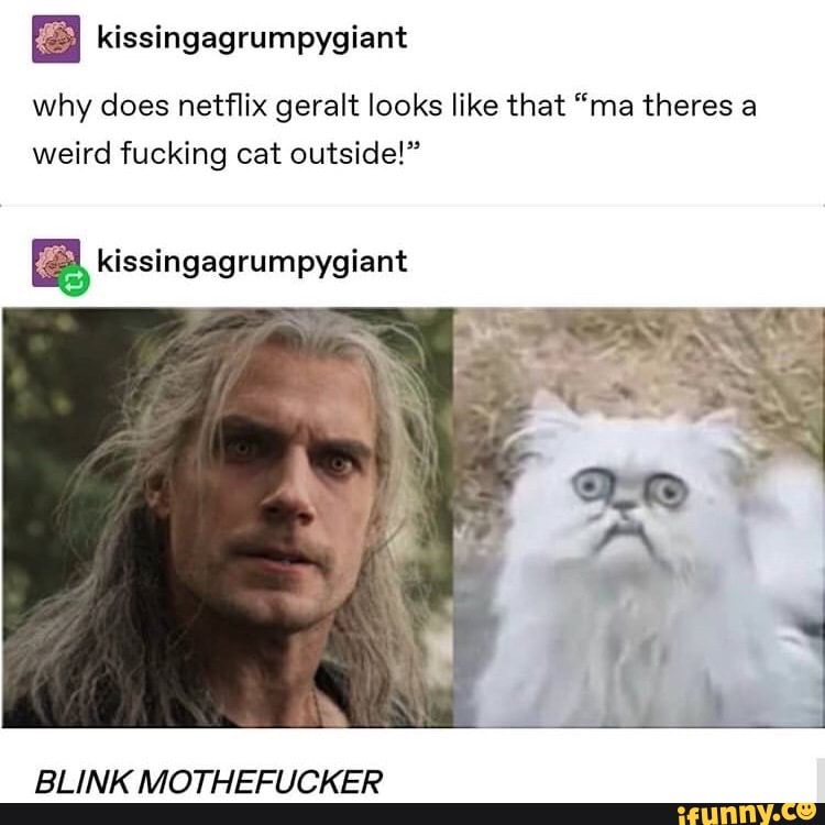 Kissingegrumpygiant why does netflix geralt looks like that "ma theres