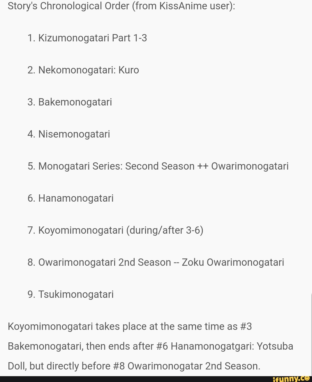 Story s Chronological Order from KissAnime user 1. Kizumonogatari Part1 3 2. Nekomonogatari Kuro 4. Nisemonogatari 5. Monogatari Series Second Season Owarimonogatari 7. Koyomimonogatari during after 3...