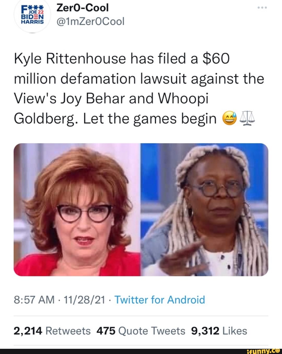 fe zero cool kyle rittenhouse has filed a 60 million defamation lawsuit against the view s joy behar and whoopi goldberg let the games begin am twitter for android