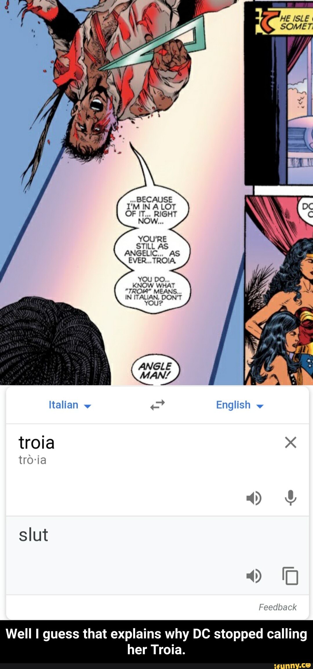 KNOW WHAT
"TROIA* MEANS,
IN ITALIAN, DON'T
YOU?
troia - Well I guess that explains why DC stopped calling her Troia.
