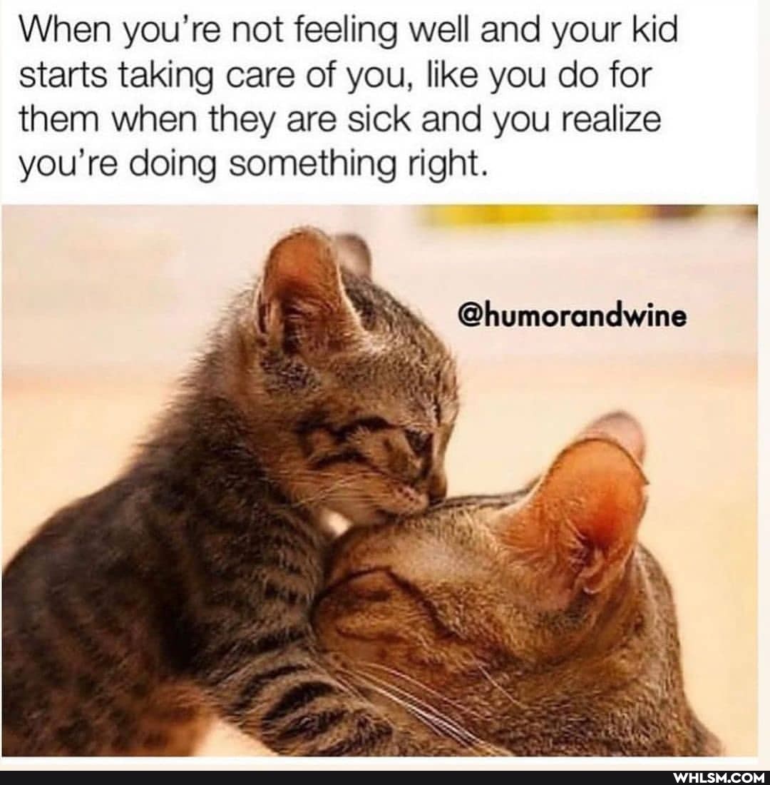 When you're not feeling well and your kid starts taking care of you, like you do for them when they are sick and you realize you're doing something right.
