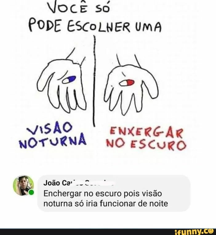 VocE so
PODE ESCoLNER UMA
viSÃO ENXERCAR NOTURNA no
( É: João Ca" .T Enchergar no escuro pois visão noturna só iria funcionar de noite