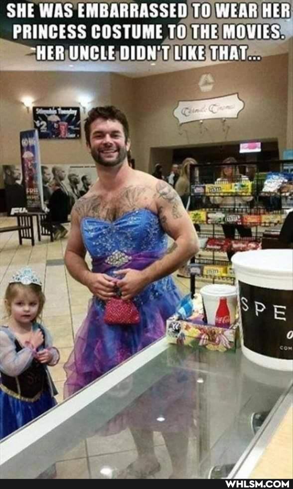 SHE WAS EMBARRASSED TO WEAR HER PRINCESS COSTUME TO THE RIOWIES.
"HER UNCLE OIDN 'T LIKE THAT...