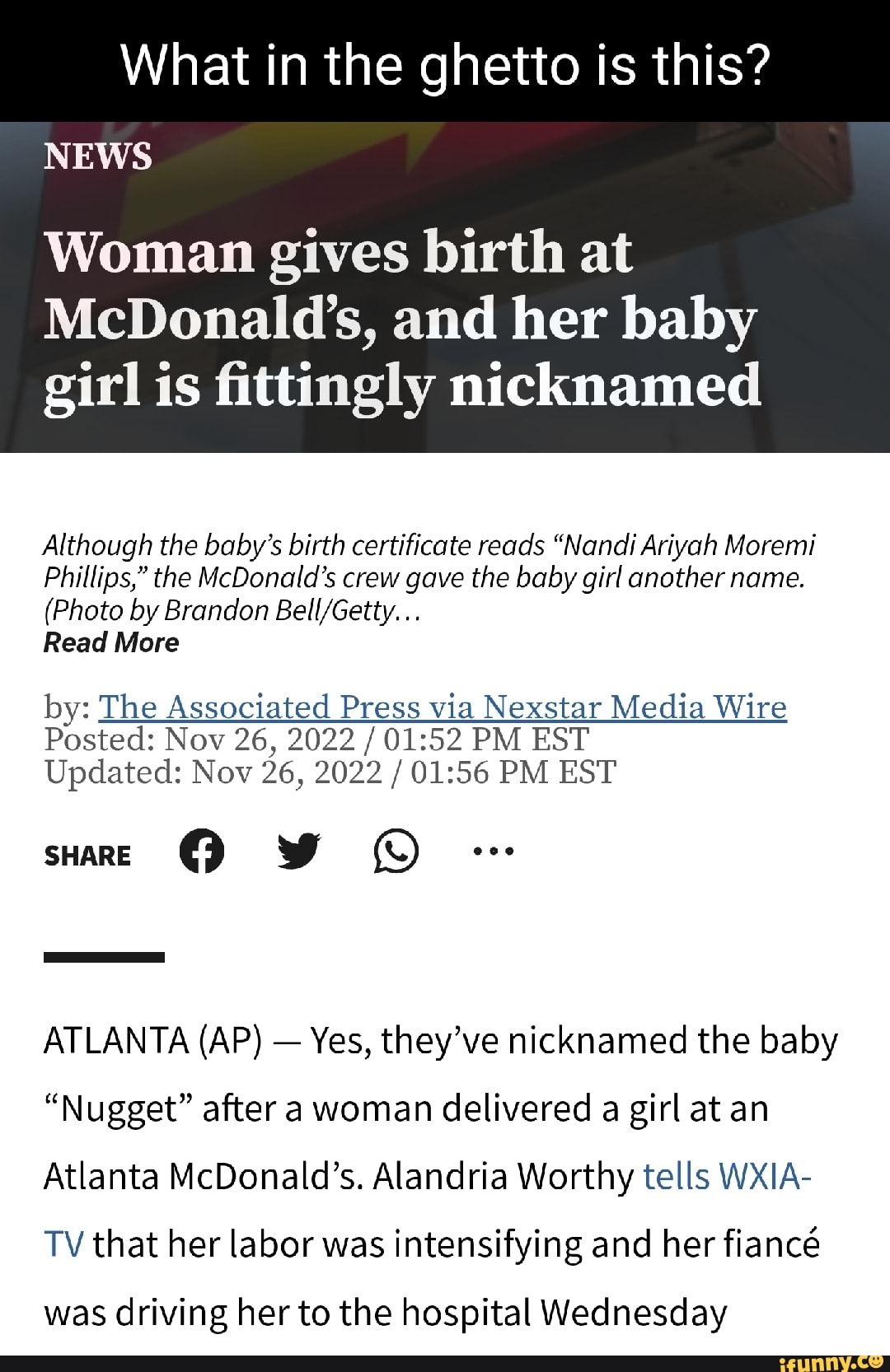 Woman gives birth at McDonald's, and her baby girl is fittingly nicknamed