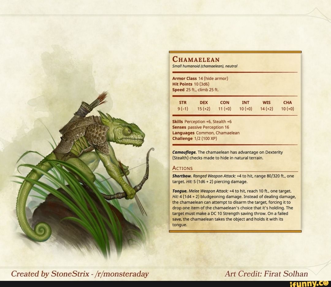 Armor Class 14 (hide armor) Hit Points 10 (3d6) Speed 25 ft., climb 25