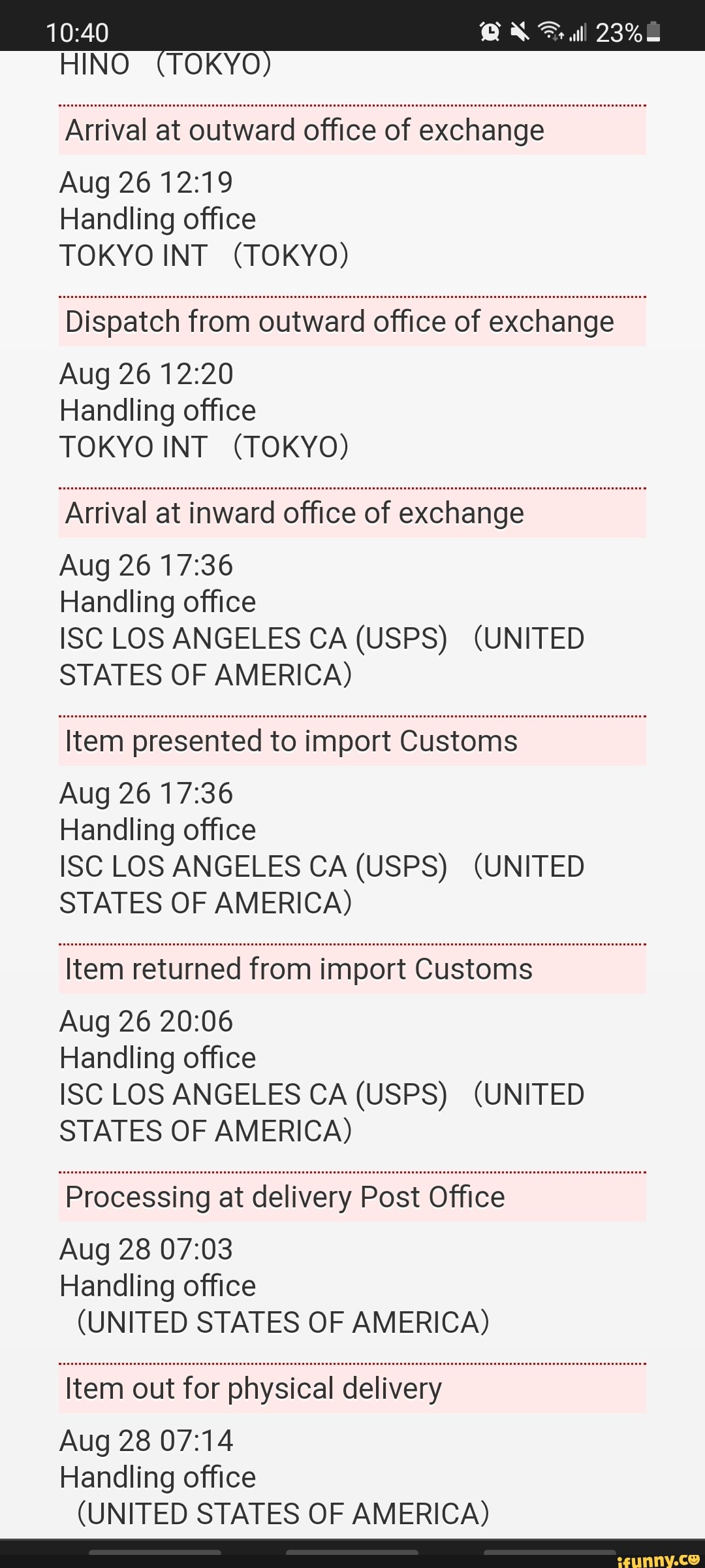 Fill FINO Arrival at outward office of exchange Aug 26 Handling office  TOKYO INT (TOKYO) Dispatch