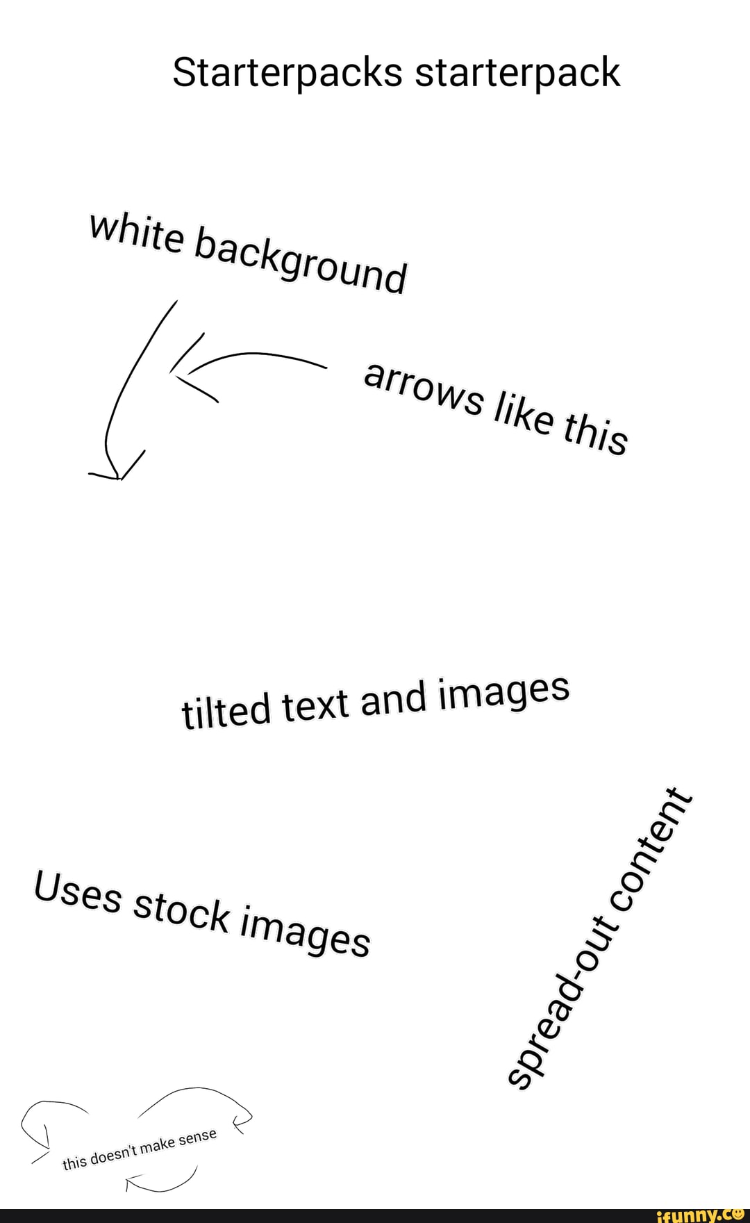 Starterpacks starterpack
White %8ckgroung
tilted text and images
Uses Stock Ime
ense wis goesnt make