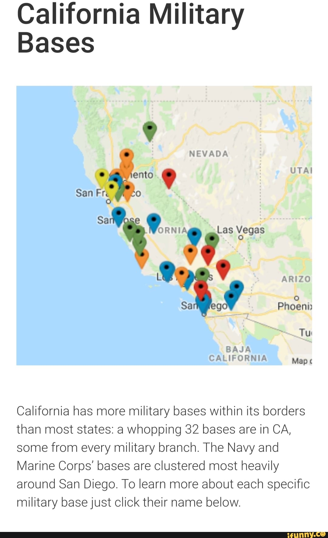California Military Bases NEVADA Ento UTAI San Fre San Las Vegas ARIZO