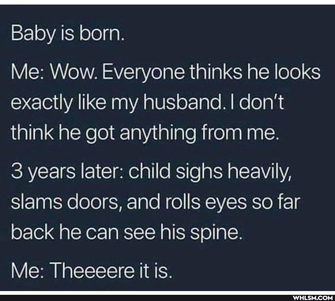 Baby is born.
Me: Wow. Everyone thinks he looks exactly like my husband. I don't think he got anything from me.
3 years later: child sighs heavily, slams doors, and rolls eyes so far back he can see his spine.
Me: Theeeere it is.