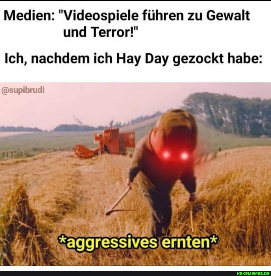 Medien: "Videospiele führen zu Gewalt und Terror!"
Ich, nachdem ich Hay Day gezockt habe:
@supibrudi
"ii
"aggressivesiernten*