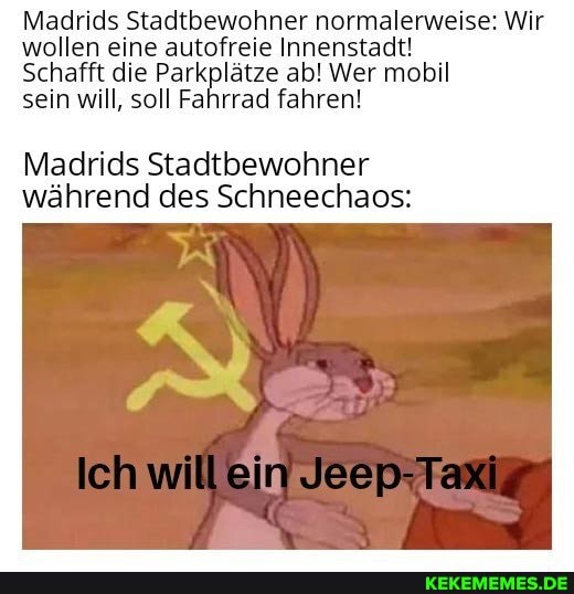 Madrids Stadtbewohner normalerweise: Wir wollen eine autofreie Innenstadt!
Schafft die Parkplätze ab! Wer mobil
sein will, soll Fahrrad fahren!
Madrids Stadtbewohner während des Schneechaos:
ein