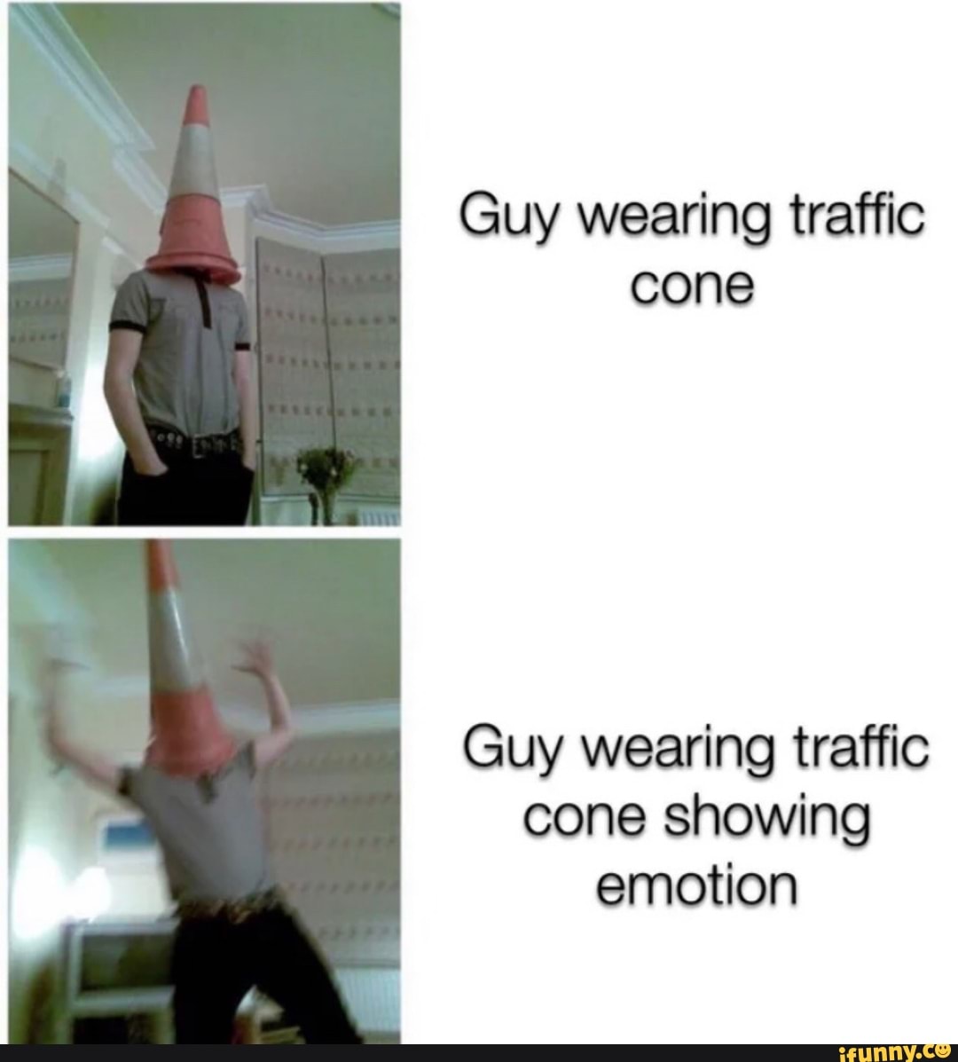 Guy wearing traffic cone Guy wearing traffic cone showing emotion )