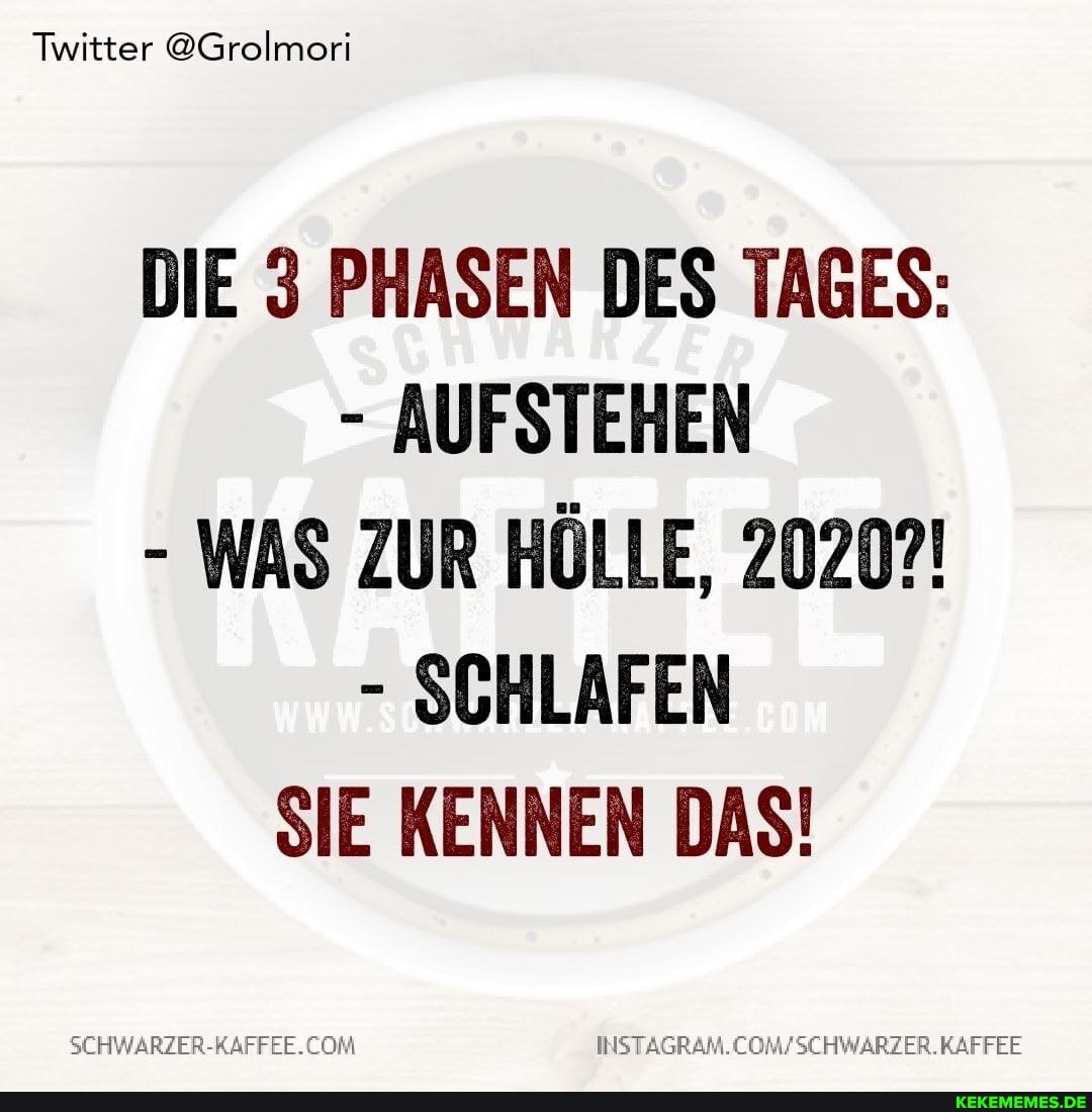 Twitter @Grolmori
DIE 3 PHASEN DES TAGES:
- AUFSTEHEN
- WAS ZUR HÖLLE, 2020?!
- SCHLAFEN SIE KENNEN DAS!