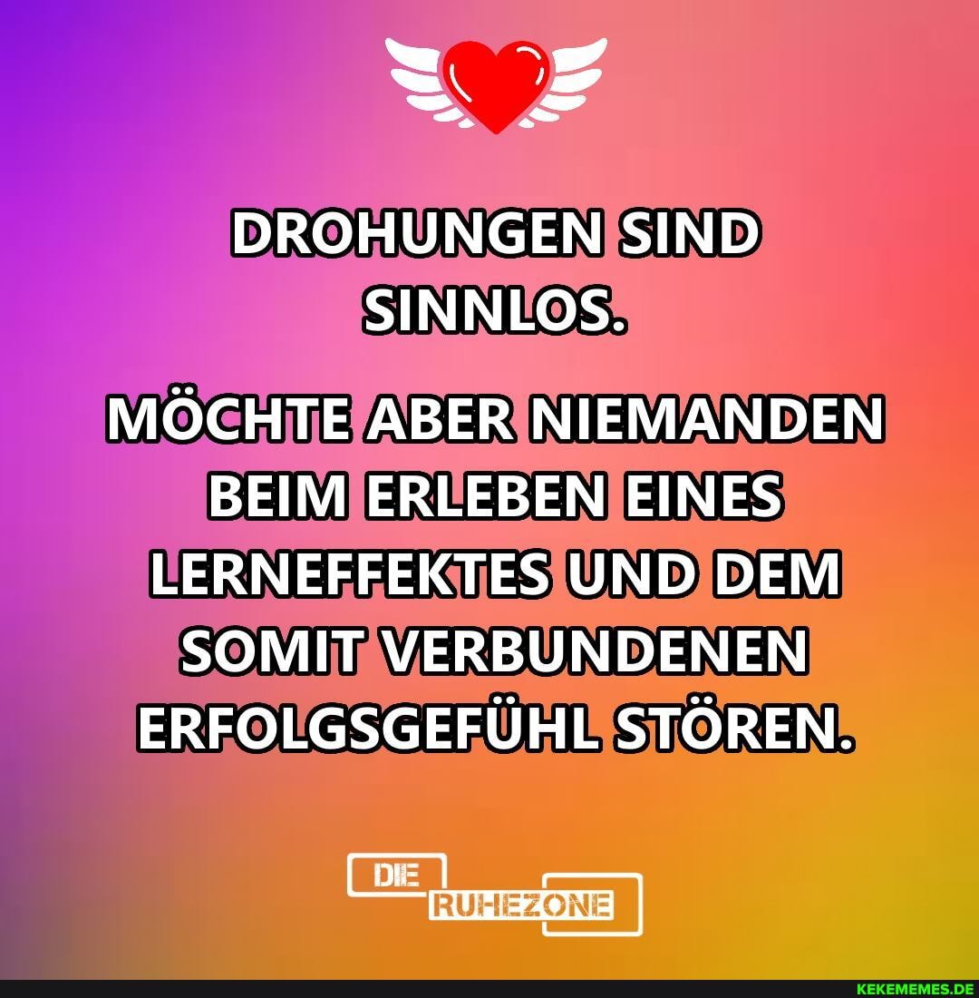 DROHUNGEN SIND SINNLOS.
MÖCHTE ABER NIEMANDEN BEIM ERLEBEN EINES LERNEFFEKTES UND DEM SOMIT VERBUNDENEN ERFOLGSGEFÜHL STÖREN.
DIE
