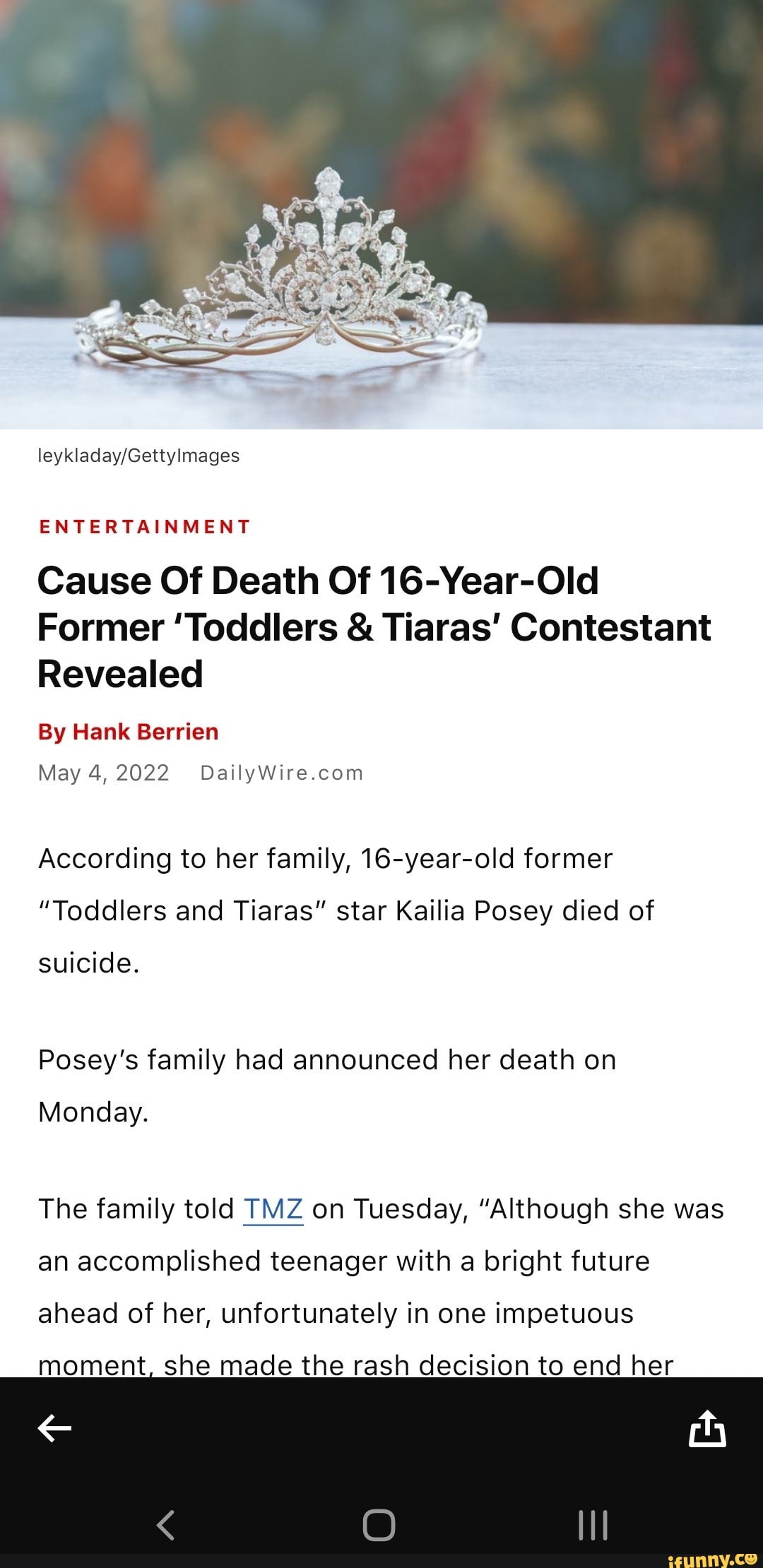 ENTERTAINMENT Cause Of Death Of 16YearOld Former 'Toddlers & Tiaras