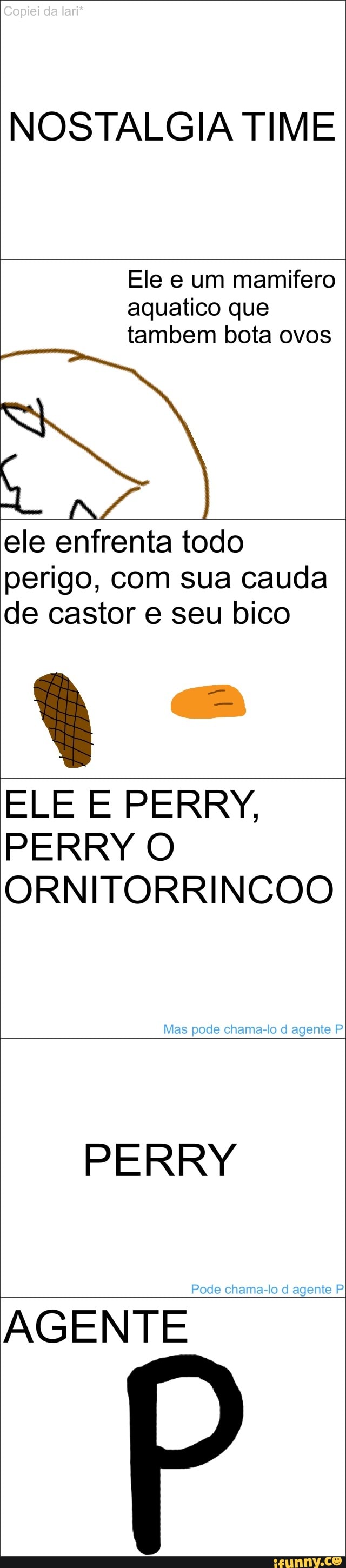 NOSTALGIA TIME
Ele e um mamifero
aquatico que
tambem bota ovos
ele enfrenta todo
perigo, com sua cauda
de castor e seu bico