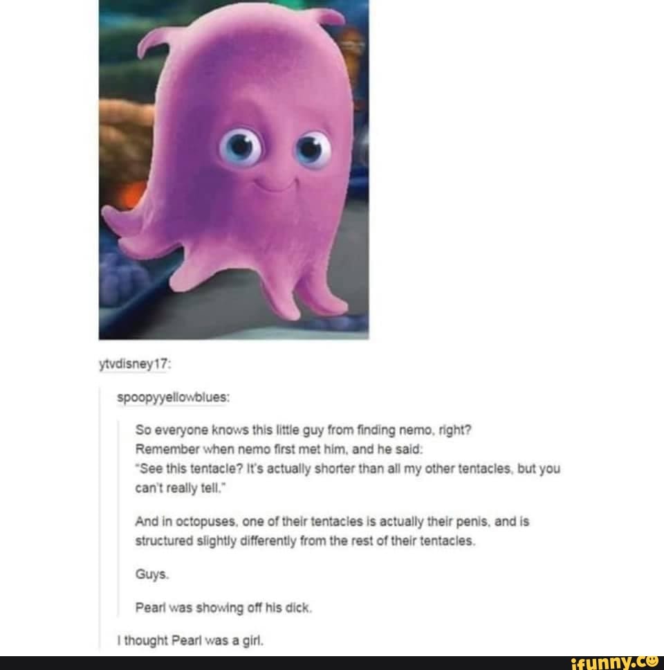 ytvdisney17:
spoopyyellowblues:
So everyone knows this little guy from finding nemo, right?
Remember when nemo first met him, and he said
"See this tentacle? It's actually shorter than all my other tentacles, but you can't really tell."
And in octopuses, one of their tentacies is actually their penis, and is structured slightly differently from the rest of their tentacles.
Guys.
Peari was showing off his dick.
thought Pearl was a girl.