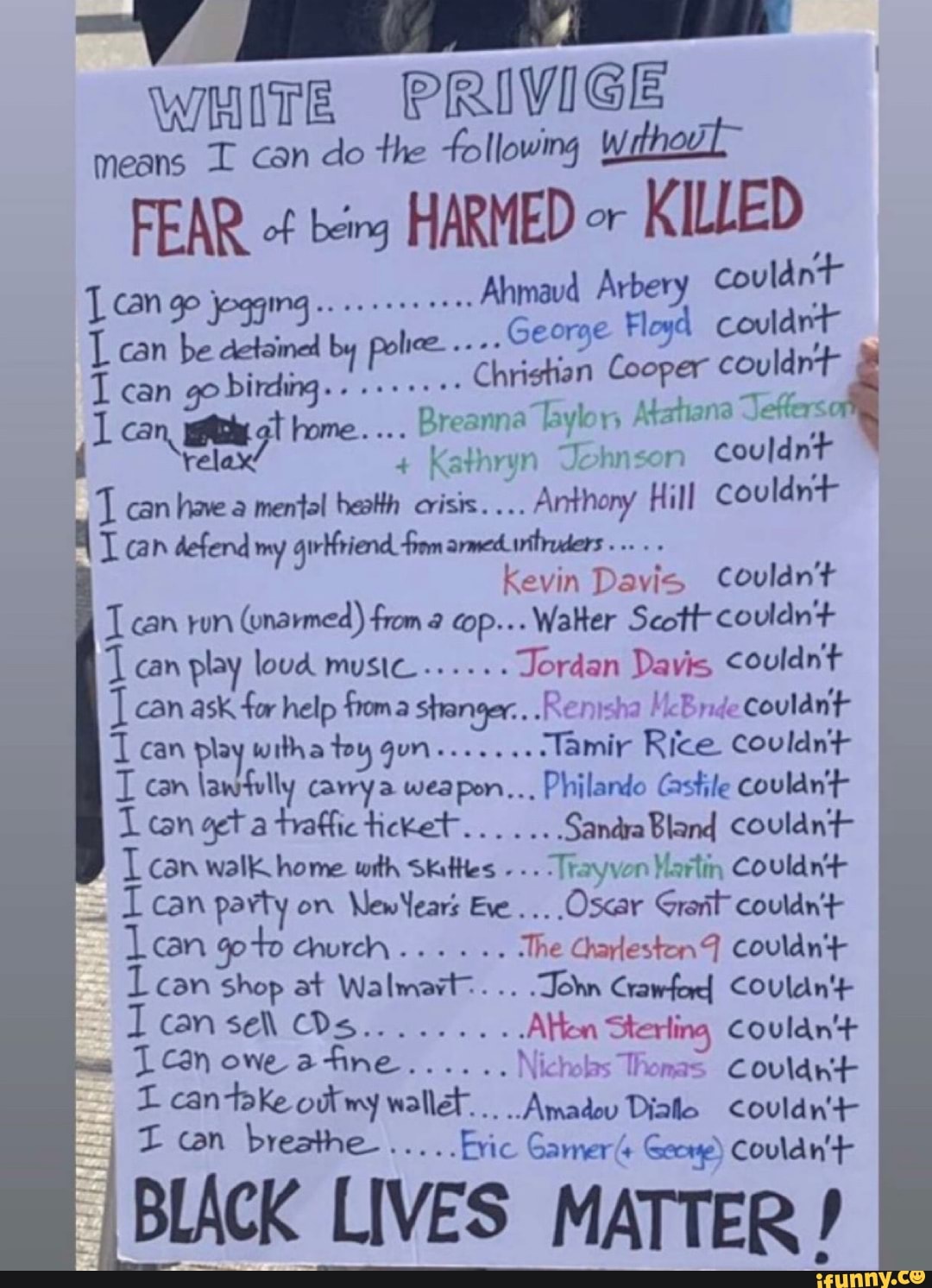 WHITE PRIVIGE
means T can do the following W
FEAR of being HARMED or
KILLED
Ahnmaud Arbery couldnt
I can
GE0rIe Floyd couldnt
Christian Cooper couldnt
Breanna Taylor Mahana Jeferse
Í relax'
Kathryn Te hnson
couldnt
T canhae a mental heath crisis.
Anthony Hill Couldn+
Tan defend my gir Hfriend 'rom armed. witruders
kevi E
Tcan run
Ñ can play loud music...... Jordan Davis couldnt
le ask for help from a
shanger.
renders gun.......cTamir Rice couldnt I
a wea
e
I
Longta
T can walk home with
stifles e. TE
INV
ee Sere:
er party on
Newears Eve
can
to church
The ae
Icon
o at
Walmart. ees Le eons
Abe eee:
s
LCan owe a
fine E Nú
L cantoke out
my
wallet.
Nicholas Thomas
Couldnt
E
BLACK LIVES MATTER