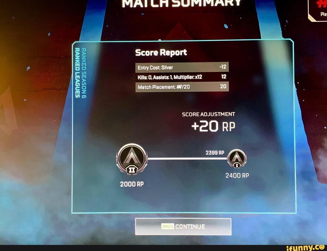IMUERSU Seore
Entry Cast: Silver -12
Assists: 1, Multiplier: 12
Match Placement 20
SCORE ADJUSTMENT
RP
2400 RP
2000 RP
CONTINUE