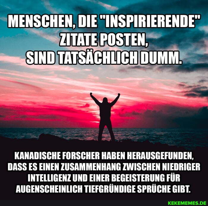 MENSCHEN, DIE "INSPIRIERENDE"
ZITATE POSTEN,
SIND TATSÄCHLICH DUMM.
KANADISCHE FORSCHER HABEN HERAUSGEFUNDEN,
DASS ES EINEN ZUSAMMENHANG ZWISCHEN NIEDRIGER INTELLIGENZ UND EINER BEGEISTERUNG FÜR AUGENSCHEINLICH TIEFGRÜNDIGE SPRÜCHE GIBT.