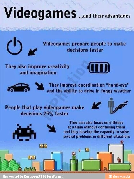 Videog a m es "and their advantages
Videogames prepare people to make
M decisions faster
They also improve creativity
and imagination
aa AM They improve coordination "hand-eye"
OO and the ability to drive in foggy weather
e
People that play videUuames make
ME TA
decisions 25% faster
pa "a at a time without confusing them
and they develop the capacity to solve
several problems in different situations.
me