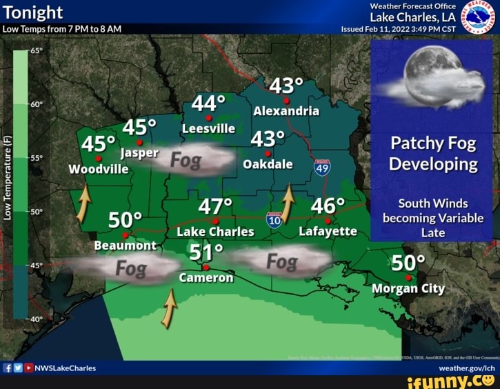 Weather Forecast Office Tonight Lake Charles, LA Low Temps from 7 PM to