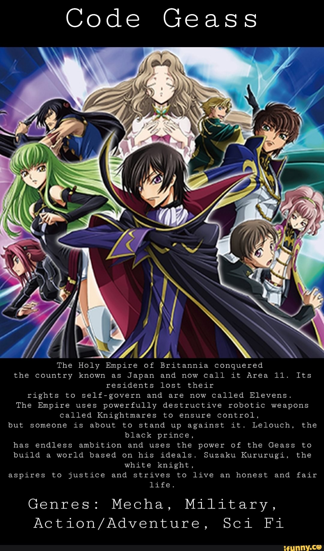 Code Geass Sci Fi Genres: Mecha, Military, Action/Adventure, - iFunny