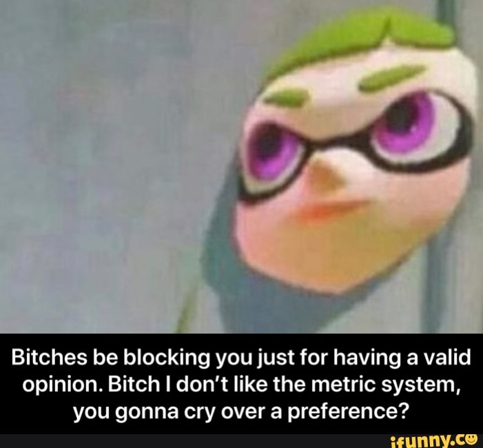 Bitches be blocking you just for having a valid
Opinion. Bitch I don't like the metric system,
you gonna cry over a preference? - Bitches be blocking you just for having a valid opinion. Bitch I don’t like the metric system, you gonna cry over a preference?